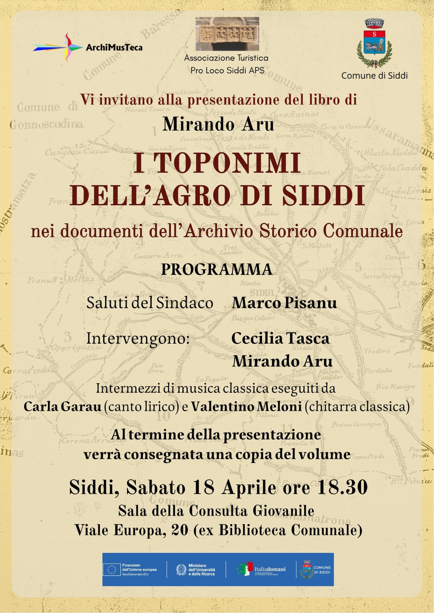 Locandina presentzione libro I Toponimi dell'Agro di Siddi 18-04-26